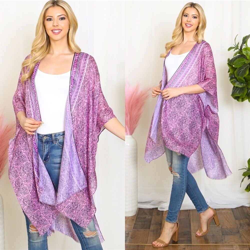 NEW ARRIVAL LIGHTWEIGHT LEAF PRINT INLINE BOHO OPEN FRONT KIMONO-PINK